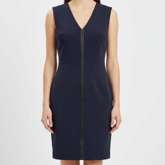 Banana Republic Sheath Dress Women’s 0 Navy V‑Neck Faux Leather Trim Workwear - Picture 1 of 13